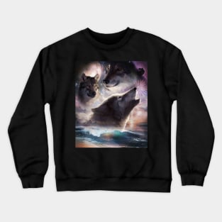 3 Wolf Beach, Three Wolves Howling At Moon In Space Crewneck Sweatshirt